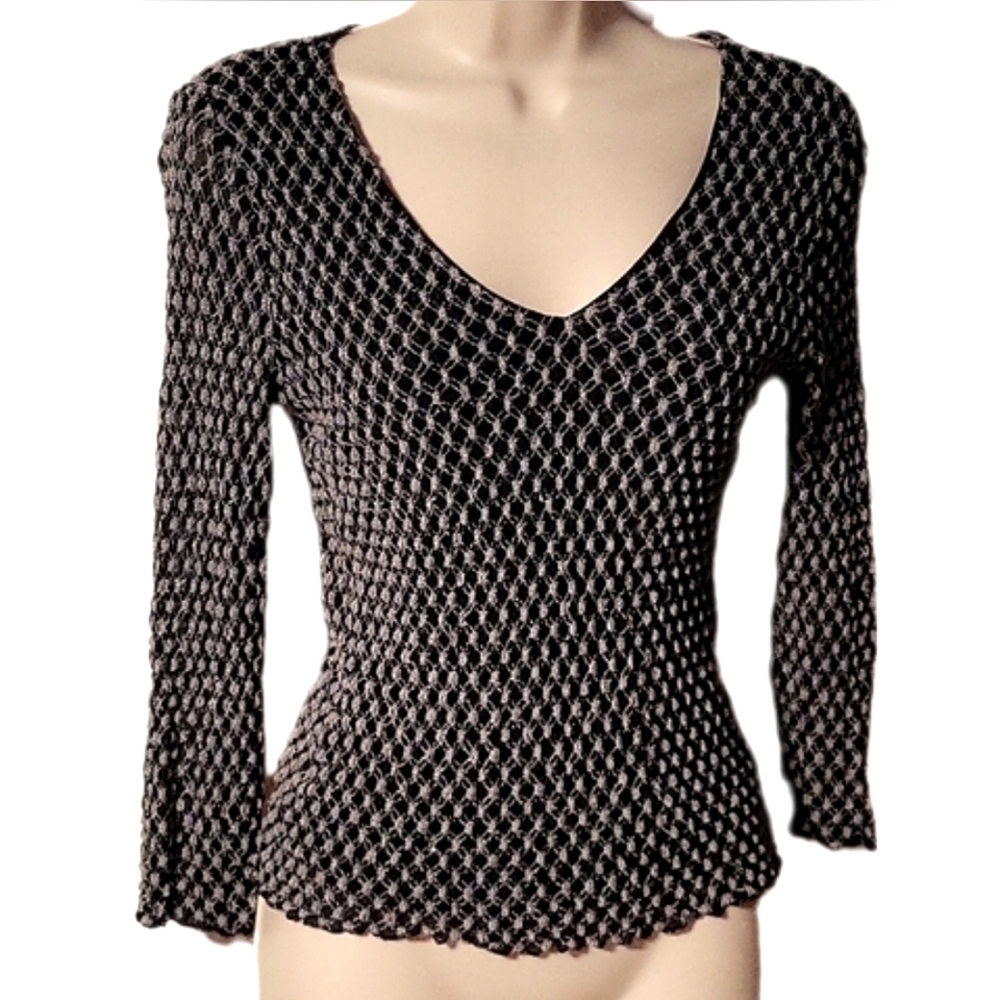 THE ORIGINAL Vintage Y2K Women's Black & Grey Diamond Pattern Long Sleeve Top M